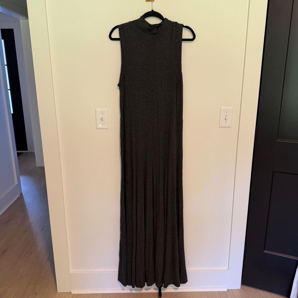 Anthropologie Charcoal Grey Ribbed Knit Mock Neck Sleeveless Maxi Dress XL - Picture 2 of 4